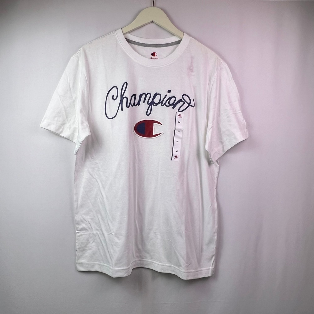 Champion Graphic Tee Stark White Script Logo TShirt Men's M Unisex Cotton Blend
